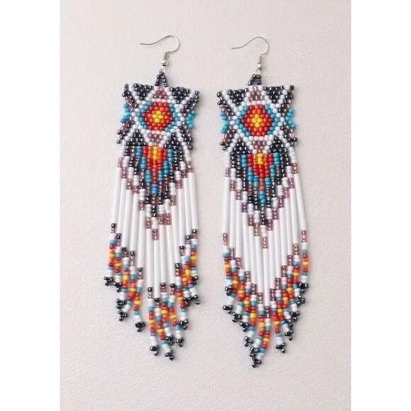 Handmade Long Beaded Tassel Earrings Large Native Bohemian - Picture 1 of 4